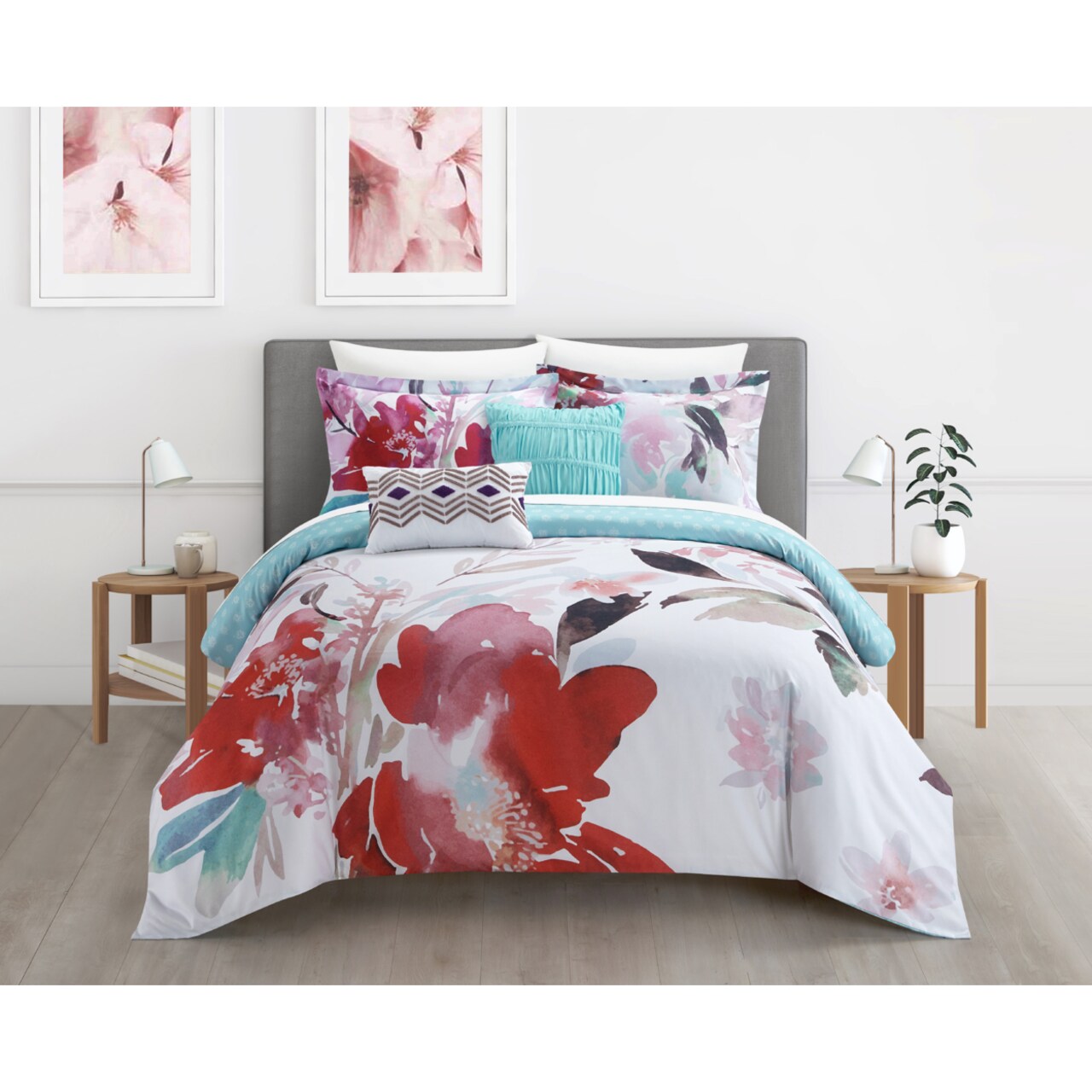 Chic Home Victoria 5 Piece Reversible Comforter Set Floral Watercolor Design Bedding